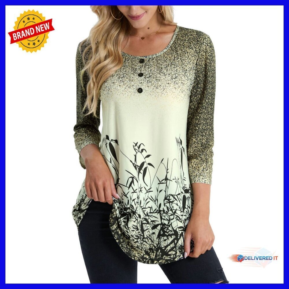 Stretch 3/4 Sleeve Tunic Top, A-Line Cut, Round Neck, Casual Blouse